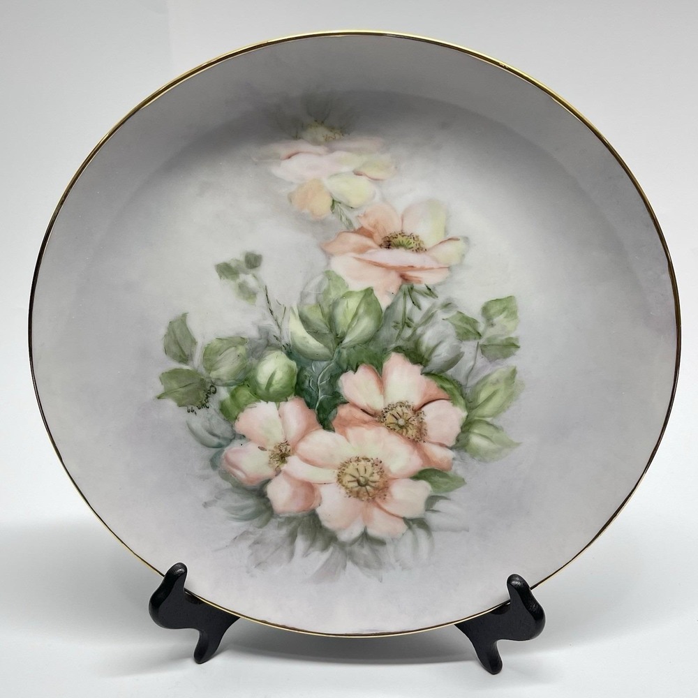 Vintage 1999 Hand Painted Pink Floral Plate Bavarian China Porcelain Signed‎